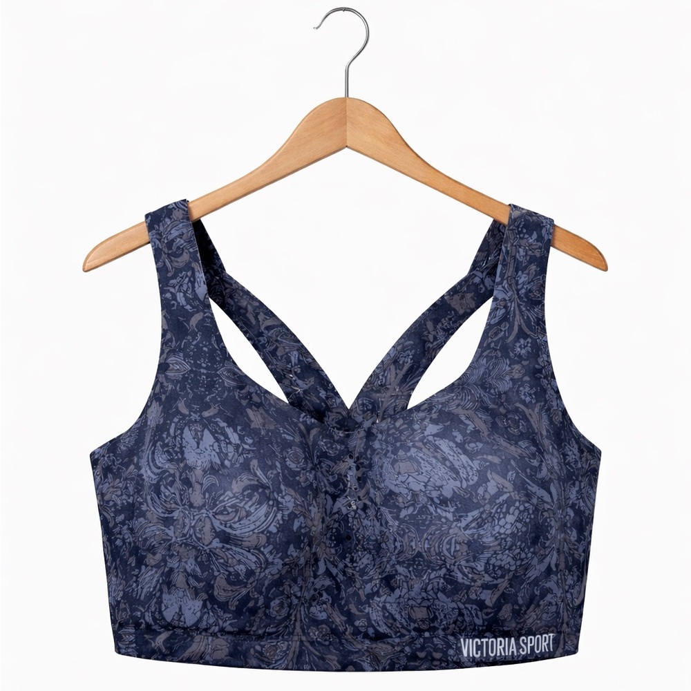 Victoria’s Secret Sport Floral Bra 32DD Black Gray Lace Up Strappy Activewear